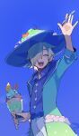  1boy ^_^ arm_up belt belt_buckle blue_belt blue_coat blue_hat blue_shirt blue_sky buckle closed_eyes coat collared_shirt commentary_request cowboy_shot cup day drinking_glass food food-themed_hat grey_hair hair_over_one_eye hat highres holding holding_food holding_ice_cream holding_spoon ice_cream lemres_(chill)_(puyopuyo) lemres_(puyopuyo) male_focus one_eye_covered open_mouth outdoors pants parfait puyopuyo puyopuyo_quest shirt sky smile solo spoon standing sun_hat teeth upper_teeth_only urolo waving white_pants 