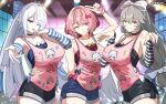  3girls absurdres alexandrina_sebastiane alternate_costume angels_of_delusion_kfc_bag aria_(human)_(zenless_zone_zero) aria_(zenless_zone_zero) arm_up arm_warmers bare_shoulders bibitapel black_choker black_shorts blue_shorts bow breasts character_print choker closed_mouth collarbone commentary cowboy_shot earrings english_commentary grey_hair grey_nails hair_between_eyes hair_bow hair_intakes hair_ornament hair_over_one_eye highres jewelry large_breasts long_hair looking_at_viewer medium_hair mole mole_under_mouth multiple_girls nangong_yu one_eye_closed open_mouth pink_hair pink_shirt pointy_ears purple_eyes red_eyes red_nails remielle_dan shirt short_shorts shorts smile sunna_(zenless_zone_zero) twitter_username v velina_airgid white_bow white_wings wings zenless_zone_zero 