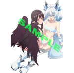  2girls :d ahoge animal_ears anime_coloring artist_request ass bare_shoulders black_wings blue_bra blue_eyes blue_panties blush border bra breasts closed_mouth collarbone completely_nude crystal_hair_ornament embarrassed eve_(kaiyari) fang feathered_wings from_above from_behind from_side full_body hair_between_eyes hand_on_another's_thigh hands_on_ground kaifuku_jutsushi_no_yarinaoshi_~sokushi_mahou_to_skill_copy_no_chouetsu_heal~ long_hair long_pointy_ears looking_at_viewer looking_back medium_hair merchandise_available multiple_girls navel nude official_art open_mouth panties paw_print_soles pointy_ears red_eyes sample_watermark second-party_source setsuna_(kaiyari) shiny_skin shy side-tie_panties simple_background sitting small_breasts smile strapless strapless_bra tail transparent_border underwear underwear_only very_long_hair watermark white_background white_fur white_hair wings wolf_ears wolf_girl wolf_tail 