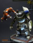  1boy arm_cannon armor armor_skirt artist_name belt_pouch black_background cable camouflage_armor dirty dirty_clothes english_text exoskeleton hangar head-mounted_display jumpsuit krueger looking_at_object maschinen_krieger mecha mecha_pilot_suit mechanical_hands model_kit_(medium) orange_jumpsuit pouch power_armor print_armor robot science_fiction steel_beam unconventional_media weapon 