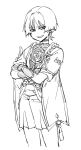  1boy aoi(mishima) armor blunt_ends bodysuit commentary_request covered_collarbone cropped_legs crossed_arms furisode genshin_impact greyscale grin hatching_(texture) highres japanese_armor japanese_clothes jewelry kimono kote kusazuri layered_sleeves looking_at_viewer male_focus monochrome neck_ring o-ring open_clothes open_kimono sash scaramouche_(genshin_impact) scaramouche_(harbinger)_(genshin_impact) short_sleeves shorts shoulder_peek single_sode sketch smile smirk solo tassel tsurime turtleneck turtleneck_bodysuit white_background wispy_bangs wolf_cut 