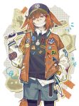  1girl absurdres alternate_costume amiya_(arknights) anger_vein animal_ears arknights armband bandaid bandaid_on_face bandaid_on_nose baseball_bat baseball_cap black_pantyhose black_sweater blue_shorts candy chinese_commentary collared_shirt commentary_request cowboy_shot crossed_bandaids crownslayer_(arknights) dopperu_ben food hand_in_pocket hat headphones highres holding holding_baseball_bat hyena_ears hyena_girl hyena_tail jacket kal'tsit_(arknights) letterman_jacket looking_to_the_side mask_pull orange_eyes orange_hair orange_jacket outline pantyhose pantyhose_under_shorts paper_background pizza reunion_logo_(arknights) rhodes_island_logo_(arknights) shirt short_hair shorts simple_background solo speech_bubble star_(symbol) sweatdrop sweater sword weapon white_background white_shirt 