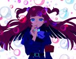 1girl :o armband belt black_jacket blowing_bubbles blue_eyes blunt_ends bubble commentary floating_hair hair_bobbles hair_ornament highres jacket looking_at_viewer puffy_sleeves red_hair short_twintails solo straight-on twintails umineko_no_naku_koro_ni untranslatable_commentary upper_body ushiromiya_ange white_background wide_sleeves xian_(xyn17cmlq) 