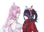  2girls black_hair blush breasts character_request commentary commission copyright_request cyrene_(demiurge)_(honkai:_star_rail) cyrene_(honkai:_star_rail) dress flower hair_flower hair_intakes hair_ornament honkai:_star_rail honkai_(series) ivushu large_breasts long_hair looking_at_another medium_breasts medium_hair multicolored_hair multiple_girls pink_hair pointy_ears purple_eyes red_sweater simple_background sweater twintails two-tone_hair very_long_hair white_background white_dress white_hair yuri 