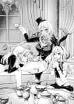  3girls asyuri breasts cleavage coattails commentary_request cosplay couch cup dormouse_(alice_in_wonderland) dormouse_(alice_in_wonderland)_(cosplay) greyscale hat highleg highleg_panties highres kantai_collection large_breasts long_hair lying mad_hatter_(alice_in_wonderland) mad_hatter_(alice_in_wonderland)_(cosplay) march_hare_(alice_in_wonderland) march_hare_(alice_in_wonderland)_(cosplay) mini_hat mini_top_hat monochrome multiple_girls navel on_side panties pola_(kancolle) sailor_collar sailor_shirt scarf shimakaze_(kancolle) shirt short_shorts shorts sleeveless sleeveless_shirt smile tailcoat tea_set teacup thighhighs top_hat tuxedo_jacket underwear wavy_hair wrist_cuffs yuudachi_(kancolle) yuudachi_kai_ni_(kancolle) 