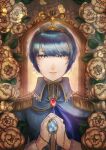  1boy absurdres aiguillette aristocratic_clothes blue_eyes blue_gem blue_hair border brooch closed_mouth commentary_request crying crying_with_eyes_open epaulettes fire_emblem fire_emblem:_mystery_of_the_emblem fire_emblem_heroes floral_border gem gold_tiara highres holding holding_jewelry holding_necklace interlocked_fingers jewelry looking_at_viewer male_focus marth_(fire_emblem) necklace ornate_border own_hands_clasped own_hands_together pendant red_gem sayu_(silent_si1ent) short_hair solo straight-on streaming_tears swept_bangs tears upper_body 