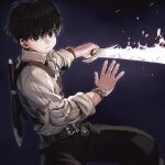  1boy belt belt_buckle black_belt black_eyes black_hair black_pants blue_background bright_pupils brown_belt buckle closed_mouth collared_shirt commentary_request dark_background expressionless fantasy feet_out_of_frame fighting_stance fire flaming_sword flaming_weapon from_side hair_between_eyes highres holding holding_sword holding_weapon jun_(navigavi) looking_at_viewer male_focus nose nose_shade original pants scabbard sheath shirt short_hair simple_background sleeves_rolled_up solo sword torn_clothes torn_shirt unsheathed weapon white_pupils white_shirt wing_collar wristband 