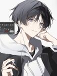  1boy alternate_costume art_program_in_frame bishounen black_hair black_jacket blunt_ends cable casual closed_mouth commentary_request contemporary drawstring ear_piercing earphones empty_eyes eyelashes eyeliner genshin_impact hand_on_own_face hands_up highres holding hood hood_down hoodie jacket korean_commentary looking_at_viewer makeup male_focus no_pupils open_clothes open_jacket piercing portrait purple_eyes red_eyeliner scaramouche_(genshin_impact) smile solo tsurime unfinished white_background white_hood white_hoodie wispy_bangs wolf_cut yyourong 
