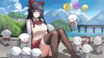  1girl absurdres arms_at_sides balloon black_thighhighs blue_eyes blue_sky blush bow bowtie braid breasts bridge closed_mouth cloud collared_shirt commentary_request commission contrail creature feet_out_of_frame haedungi_(shirayuki_hina) hair_bow highres knees_together_feet_apart knees_up korean_commentary large_bow large_breasts legs light_smile long_hair long_sleeves looking_at_viewer miniskirt mountain no_shoes on_ground pleated_skirt raised_inner_eyebrows red_bow red_bowtie red_skirt sacou(seojoyu) school_uniform second-party_source shirayuki_hina shirt side_braid sitting skirt sky stellive straight_hair thighhighs virtual_youtuber white_shirt 
