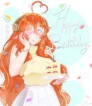  1girl absurdres ahoge birthday_cake blush bracelet brown_horns cake cake_slice candle commentary confetti curled_horns english_text eyelashes fingernails fire food glasses gold_bracelet hand_on_own_face happy_birthday heart heart_ahoge highres holding holding_plate horns jewelry lili_(subguss) long_hair nose_blush orange_hair original plate pointy_ears round_eyewear sheep_girl sheep_horns skirt sleeveless sleeveless_sweater smile solo strawberry_cake subguss sweater untranslatable_commentary very_long_hair watermark white_skirt yellow_sweater 