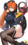  1girl 1hu1yu asymmetrical_gloves black_horns black_jacket black_thighhighs blush breasts crossed_legs curled_horns dragon_girl dragon_horns dress fingerless_gloves gloves highres horns jacket looking_at_viewer magus_(zenless_zone_zero) mechanical_horns mechanical_tail mismatched_gloves on_floor orange_hair orange_pupils orphie_magnusson pointy_ears single_fingerless_glove tail thighhighs white_background zenless_zone_zero zipper_dress 