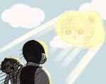  >_< 1girl 2boys :d black_hair blue_sky brown_hair carmen_(project_moon) cloud commentary_request hair_ornament heathcliff_(project_moon) highres kojocho05 light_rays limbus_company meursault_(project_moon) multiple_boys necktie open_mouth outdoors project_moon red_necktie side_ponytail sky smile sun sweat 