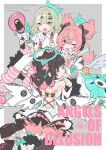  3girls :d ;d angels_of_delusion aria_(human)_(zenless_zone_zero) aria_(zenless_zone_zero) arm_warmers artist_name backless_dress backless_outfit black_choker black_hair black_shoes blue_eyes bow chinese_commentary choker collared_shirt commentary_request dress english_text fang fingerless_gloves gloves glowstick green_bow green_eyes green_hair grey_background hair_between_eyes halo highres holding holding_glowstick holding_megaphone leg_warmers megaphone multiple_girls nangong_yu one_eye_closed open_mouth pink_arm_warmers pink_bow pink_gloves pink_hair pink_leg_warmers pink_shorts quad_tails red_eyes red_nails scar scar_on_back shirt shoes shorts simple_background smile striped_arm_warmers striped_leg_warmers sunna_(zenless_zone_zero) thighhighs twintails white_shirt white_thighhighs white_wings wings yonojimo_ciix zenless_zone_zero 