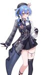  1girl absurdres asymmetrical_legwear asymmetrical_sidelocks belt beret black_thighhighs blue_choker blue_eyes blue_hair blush breasts choker chrispy_tuna commentary crown english_commentary gloves hat highres hololive hoshimachi_suisei hoshimachi_suisei_(14th_costume) jacket looking_at_viewer multiple_belts necktie official_alternate_costume partially_fingerless_gloves plaid_clothes plaid_jacket ribbon shirt side_ponytail sidelocks small_breasts smile solo star_(symbol) star_choker star_in_eye starry_sky_print symbol_in_eye thighhighs vest virtual_youtuber white_background white_shirt 