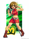  1girl 2024 3eep artist_name belt boots border breasts brown_boots brown_eyes brown_hair commentary crop_top english_commentary full_body green_background grey_belt holding holding_microphone holding_microphone_stand jacket looking_at_viewer medium_breasts meiko_(vocaloid) microphone microphone_stand midriff navel open_mouth outline red_jacket red_nails red_skirt short_hair skirt sleeveless sleeveless_jacket smile solo sparkle v v_over_eye vocaloid white_border white_outline zipper 