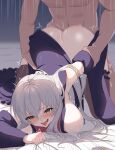  1boy 1girl ahegao arm_held_back ass bouncing_ass breast_press breasts character_request check_copyright commentary_request copyright_request detached_sleeves doggystyle dress fucked_silly fumyuun grabbing_another's_arm grey_hair hetero large_breasts long_hair motion_blur motion_lines open_mouth original purple_dress sex sex_from_behind sheet_grab simple_background sweat thighhighs tongue tongue_out top-down_bottom-up yellow_eyes 