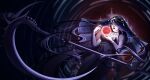  1girl arm_hair black_dress black_eyes black_hair black_veil breasts circle_of_inevitability cleavage commentary constellation_print dress evernight_goddess extra_arms highres holding holding_scythe jewelry lips long_hair looking_at_object lord_of_the_mysteries moon red_moon scythe skull_ornament smile solo star_(sky) starry_sky_background suna_.ae veil wolf_girl 