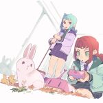  2girls ally_(allstar_academy)_(puyopuyo) ally_(puyopuyo) animal baby_animal bird black_skirt blue_hair broom brown_hair chick collared_shirt commentary_request controller curtains dutch_angle green_eyes green_jacket green_necktie hair_intakes hay heart highres holding holding_broom holding_controller holding_remote_control indoors jacket looking_at_another medium_hair multiple_girls necktie open_mouth parted_lips plaid_clothes plaid_skirt pleated_skirt purple_eyes purple_jacket purple_necktie purple_skirt puyopuyo puyopuyo_quest rabbit radio_antenna rafisol_(allstar_academy)_(puyopuyo) rafisol_(puyopuyo) remote_control robotic_vacuum_cleaner school_uniform shirt sitting skirt standing urolo wariza white_rabbit_(animal) white_shirt window 