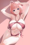  1girl absurdres ahoge armpits arms_behind_head arms_up bare_arms bare_shoulders bikini blue_eyes breasts closed_mouth commentary commission dopamine70 feet_out_of_frame hair_between_eyes hair_intakes halterneck highleg highleg_bikini highres large_breasts light_frown looking_at_viewer multi-strapped_bikini_bottom navel original pink_background pink_hair pixiv_commission red_bikini shade short_hair side-tie_bikini_bottom sidelighting solo swimsuit 