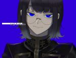  1boy absurdres alternate_eye_color black_hair black_jacket blue_background blue_eyes character_name closed_mouth commentary gakuran glasses highres jack_jeanne jacket looking_at_viewer male_focus neji_kokuto portrait school_uniform semi-rimless_eyewear short_hair simple_background smile solo tnkatuyoshi_00 under-rim_eyewear 
