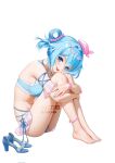  1girl :d anklet aqua_bikini aqua_hair aqua_nails barefoot bead_anklet bead_bracelet beads bikini blue_eyes blue_sandals bracelet breasts commentary commission double-parted_bangs english_commentary eyewear_on_head feet fingernails from_side full_body hair_intakes hair_ornament hair_rings hairclip haiyi high_heel_sandals high_heels highres hugging_own_legs jewelry knees_up kya_mayu large_breasts looking_at_viewer looking_to_the_side medium_hair multi-strapped_bikini_bottom nail_polish navel open_mouth parallel_hairclips sandals simple_background sitting smile solo stomach swimsuit synthesizer_v thighs toenail_polish toenails turning_head unworn_sandals watermark white-framed_eyewear white_background 