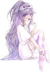  1girl absurdres chest_jewel commentary gem hand_jewel highres hololive hololive_english jewel_under_eye knees_up koseki_bijou koseki_bijou_(pebble_pajamas) long_hair mask mask_on_head miza8276 pacifier petite pink_thighhighs ponytail purple_eyes purple_gem purple_hair shirt simple_background single_thighhigh sleep_mask solo thighhighs very_long_hair virtual_youtuber white_background white_shirt 