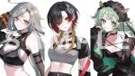  3girls ahoge akashi_niko animal_ears arm_behind_head arm_strap asymmetrical_sleeves bare_shoulders belt belted_jacket black_belt black_bra black_choker black_dress black_hair black_headdress black_jacket black_ribbon black_shrug blonde_hair blonde_streaks bra braid breasts cat_hair_ornament chest_belt chest_strap choker closed_mouth colored_inner_hair column_lineup crop_top cropped_shirt cross-laced_clothes cross-laced_dress detached_sleeves dress earrings expressionless fang frilled_sleeves frills frown garter_belt glasses gradient_hair green_eyes green_lining green_nails grey_hair grey_shirt grey_sports_bra hair_ornament hand_on_own_face heterochromia high_collar highres idol jacket jewelry kannagi_loki long_hair long_sleeves looking_at_viewer maid_headdress midriff multicolored_hair multiple_belts multiple_girls nail_polish natori_hinata nose_pads o-ring o-ring_choker official_art open_clothes open_jacket orange_belt parted_bangs phase_connect pink_lips project_nebula quilted_jacket red_eyes red_hair ribbon rimless_eyewear sample_watermark see-through_belt shichi_(kotoneco0711) shirt short_sleeves shoulder_strap shrug_(clothing) sidelocks simple_background single_bare_shoulder single_sleeve skin_fang sleeve_belt sleeveless_shrug snake_hair_ornament sports_bra streaked_hair triptych_(art) underwear upper_body vebop_project watermark white_background yellow_eyes zipper 