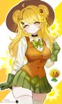 1girl blonde_hair blush bow bowtie breasts closed_mouth commentary english_commentary flower gloves hat highres long_hair long_sleeves looking_at_viewer medium_breasts personification plant plants_vs._zombies plants_vs._zombies_2 sentient_plant skirt smile solo sunflower sunflower_(plants_vs._zombies) thighs tron_kurenai vest white_background yellow_background yellow_eyes 