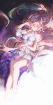  1girl absurdres bare_shoulders breasts commentary cyrene_(demiurge)_(honkai:_star_rail) cyrene_(honkai:_star_rail) detached_sleeves dress floating_hair flower foot_out_of_frame hair_flower hair_intakes hair_ornament hand_in_own_hair hand_on_own_stomach high_heels highres honkai:_star_rail honkai_(series) large_breasts layered_dress long_hair lying maowvi7 multicolored_dress multicolored_hair multicolored_ribbon neck_flower pink_hair pointy_ears purple_eyes ribbon smile solo very_long_hair white_dress white_hair white_sleeves wrist_flower wrist_ribbon 