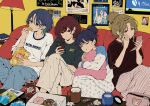  4girls absurdres asakura_toru bag_of_chips big_fish blue_eyes blue_hair blue_pants brown_eyes brown_hair cellphone closed_eyes couch cup donut dr_pepper earrings eating food fukumaru_koito green_shirt hair_bun highres higuchi_madoka holding holding_mirror hugging_object ichikawa_hinana idolmaster idolmaster_shiny_colors indoors jewelry lamp lay's_(potato_chips) loungewear mirror mole mole_under_eye mug multiple_girls noctchill_(idolmaster) pajamas pants parted_lips phone poster_(object) print_shirt red_eyes red_hair red_shirt shirt short_hair short_sleeves sitting slice_of_life smartphone snickers_(brand) striped_clothes striped_pants t-shirt touma_(ssit02) white_shirt 