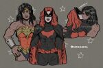  2girls adversarial_noise bat_mask batman_(series) batman_symbol batwoman belt black_bodysuit black_cape black_hair bodysuit cape ciricearts commentary dark-skinned_female dark_skin dc_comics english_commentary gloves highres kate_kane kiss long_hair multicolored_bodysuit multiple_girls muscular muscular_female red_bodysuit red_cape red_gloves red_hair smile superhero_costume tiara two-tone_bodysuit two-tone_cape utility_belt wonder_woman wonder_woman_(series) yuri 