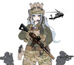  1girl 2others assault_rifle bang_dream! bang_dream!_it's_mygo!!!!! camouflage camouflage_pants chinese_commentary combat_helmet commentary_request ear_protection fast_helmet glock gloves gun h&amp;k_hk416 handgun helmet holding holding_gun holding_weapon load-bearing_vest long_hair magazine_(weapon) multiple_others night_vision_device pants rifle sci tactical_clothes togawa_sakiko weapon white_background 