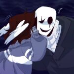  1boy 1other ^^^ black_coat black_sclera brown_hair coat colored_sclera colored_skin commentary deltarune english_commentary feathered_wings grey_skin grey_sweater head_wings hollow_eyes maciemacchi medium_hair motion_lines off-shoulder_sweater off_shoulder scar_across_eyes simple_background skeleton smile striped_clothes striped_sweater sweatdrop sweater turtleneck turtleneck_sweater upper_body utdr_(toby_fox) vessel_(deltarune) w.d._gaster whispering whispering_in_ear wings 