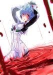  1girl ayanami_rei blue_hair blush bodysuit breasts commentary_request highres interface_headset_(evangelion) lcl looking_at_viewer mecha_pilot_suit medium_breasts neon_genesis_evangelion parted_lips plugsuit_(evangelion) red_eyes sarad_udon short_hair solo wading white_bodysuit 