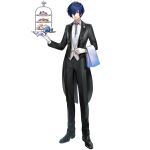  1boy angel_statue aqua_gem arknights black_coat black_jacket black_pants black_ribbon black_shoes blue_eyes blue_flower blue_hair blue_rose blueberry butler cake cake_slice closed_mouth coat coattails collared_shirt flower flower_pin food fruit full_body game_asset gem gloves hair_over_one_eye highres holding holding_tray jacket lapels laterano_logo loafers long_sleeves looking_at_viewer male_focus non-web_source official_art one_eye_covered open_clothes pants peaked_lapels persona persona_3 persona_3_reload ribbed_shirt ribbon rose shirt shoes short_hair simple_background solo standing studio_montagne sweets tachi-e tailcoat tiered_tray towel towel_on_arm transparent_background tray vest white_gloves white_shirt white_vest yuan_quanquan_ren yuuki_makoto_(persona_3) 