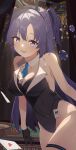  1girl absurdres animal_ear_hairband animal_ears armpit_crease arms_at_sides bare_arms bare_shoulders between_breasts black_coat black_gloves black_halo black_leotard blue_archive blue_necktie breasts card card_between_breasts cleavage clothes_between_breasts coat collar commentary_request covered_navel detached_collar doodle_sensei_(blue_archive) facing_away fake_animal_ears gloves hair_ornament hairband halo highres id_card kurokina26 large_breasts legband leotard long_hair looking_at_viewer mechanical_halo millennium_science_school_logo necktie necktie_between_breasts nontraditional_playboy_bunny official_alternate_costume playing_card poker_chip purple_eyes purple_hair rabbit_ear_hairband rabbit_ears red_pupils roulette_table sensei_(blue_archive) sideboob sleeveless sleeveless_coat solo table triangle_hair_ornament twintails vest waistcoat white_collar wide_hips yuuka_(blue_archive) 