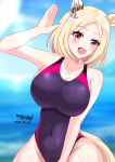  1girl absurdres animal_ears beach blonde_hair blush breasts commentary_request competition_swimsuit covered_navel day ear_covers groin highleg highres hitokusoru623hs horse_ears horse_girl horse_tail large_breasts looking_at_viewer narita_top_road_(umamusume) ocean one-piece_swimsuit open_mouth purple_eyes purple_one-piece_swimsuit short_hair smile solo swimsuit tail umamusume 