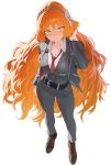  1girl absurdres adjusting_hair arm_up belt black_belt blush breasts brown_hairband brown_shoes cleavage closed_mouth collarbone collared_shirt commentary_request full_body green_eyes grey_jacket grey_pants hair_ribbon hairband highres ishmael_(project_moon) jacket jeongdang_geolae korean_commentary large_breasts limbus_company long_hair long_sleeves looking_at_viewer making-of_available necktie orange_hair pants project_moon red_necktie ribbon shirt shoes simple_background solo torn_clothes torn_jacket very_long_hair white_background white_ribbon white_shirt 