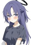  1girl black_halo blue_archive blue_shirt blush breasts cleavage commentary_request facing_viewer hair_between_eyes hair_pulled_back halo hayami_kaname highres jacket jacket_partially_removed long_hair looking_to_the_side mechanical_halo medium_breasts official_alternate_costume ponytail purple_eyes purple_hair red_pupils shirt short_ponytail short_sleeves simple_background solo star_on_cheek t-shirt white_background yuuka_(blue_archive) yuuka_(track)_(blue_archive) 