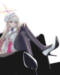  absurdres aiguillette beret black_pantyhose blonde_hair blonde_student_council_president_(blue_archive) blue_archive blue_eyes commentary_request crossed_legs epaulettes fandral_(vnfmvnfm) halo hand_on_own_knee hat highres korean_commentary long_hair medal multicolored_hair multicolored_halo pantyhose pink_streaks red_halo shoulder_strap single_epaulette sitting smile streaked_hair two-tone_halo white_background white_halo white_hat yellow_halo 