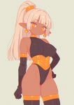  1girl artist_name blunt_bangs blunt_ends blunt_sidelocks blush breasts bright_pupils cameltoe choker chromatic_aberration closed_mouth commentary_request contrapposto covered_navel covered_nipples cowboy_shot dark-skinned_female dark_elf dark_skin dot_nose earrings elbow_gloves elf film_grain gloves gold_trim groin halterneck hand_on_own_hip high_ponytail highleg highres jewelry large_breasts leotard lone_nape_hair long_pointy_ears looking_at_viewer loose_hair_strand orange_eyes original pendant_earrings pointy_ears ponytail sharuna_(tayuido) sidelocks simple_background skindentation solo tayuido thighhighs twitter_username white_hair white_pupils 