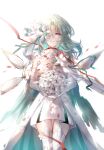  1girl absurdres aqua_hair arcaea bouquet cape chinese_commentary closed_eyes commentary detached_wings dress elbow_gloves facing_viewer flower flower_over_eye garter_straps gloves hair_flower hair_ornament highres holding holding_bouquet layered_dress mechanical_wings one_eye_covered saya_(absolution)_(arcaea) saya_(arcaea) short_hair simple_background solo straight-on thighhighs tslhn_e white_background white_cape white_dress white_flower white_gloves white_thighhighs wings 