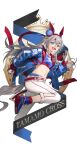 1girl animal_ears blue_eyes blue_hairband blue_jacket blue_shoes blue_sports_bra blush breasts character_name commentary ear_covers fingerless_gloves gloves grey_hair grey_tail hair_between_eyes hairband headband highres horse_ears horse_girl horse_tail jacket lightning_bolt_print lightning_bolt_symbol long_hair long_sleeves lynnear multicolored_hairband navel open_mouth pants red_headband running shoes small_breasts smile sports_bra striped_clothes striped_hairband tail tamamo_cross_(fast_as_lightning)_(umamusume) tamamo_cross_(umamusume) two-tone_hairband umamusume very_long_hair white_pants 