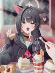  1girl 1other animal_ears black_choker black_hair black_hoodie blue_archive blurry blurry_background blush cake cake_slice cat_choker cat_ears cat_girl choker collarbone colored_inner_animal_ears colored_inner_hair cup dessert drinking_glass extra_ears feeding feeding_viewer food fruit green_sailor_collar hair_ornament halo hand_on_own_cheek hand_on_own_face hand_up heart highres holding holding_spoon hood hood_down hoodie ice_cream jacket kasawoooo kazusa_(blue_archive) long_sleeves looking_at_viewer multicolored_hair mutual_feeding neckerchief open_mouth parfait parfait_glass pink_hair pink_halo pink_neckerchief pov pov_across_table pov_hands red_eyes sailor_collar short_hair solo_focus spoon strawberry strawberry_parfait teeth two-tone_hair upper_teeth_only 