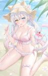  1girl animal_ears armpit_crease bare_arms bare_legs bare_shoulders bikini blue_eyes blush braid breasts cat_ears cat_girl cat_tail cleavage collarbone commentary_request cup fake_animal_ears flower frilled_bikini frills front-tie_bikini_top front-tie_top gradient_hair hair_ornament hair_scrunchie halterneck hat hat_flower heterochromia highres holding holding_cup holding_spoon large_breasts long_hair looking_at_viewer multicolored_hair navel open_mouth original pink_bikini scrunchie shano_hiyori side-tie_bikini_bottom sitting slippers smile solo spoon stomach string_bikini swimsuit tail thigh_strap thighs twintails very_long_hair wariza wavy_hair white_hair yellow_eyes yellow_hat 