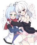  1boy 1girl antenna_hair belt black_sweater blue_eyes blue_hair blue_shirt blue_shorts blush borrowed_character brown_belt bulge collarbone commentary_request crossover dress erection erection_under_clothes fang green_eyes grey_hair hanakoizumi_yoruno heart hetero heterochromia highres jacket kuu_(ayanepuna) layered_sleeves long_hair long_sleeves looking_ahead looking_to_the_side medium_hair open_clothes open_jacket open_mouth original panties pink_dress pink_eyes red_scarf scarf shirt short_over_long_sleeves short_shorts short_sleeves shorts simple_background skin_fang sleeveless sleeveless_dress small_sweatdrop sound_effects speech_bubble sweater thighhighs translation_request underwear white_background white_jacket white_panties white_thighhighs yoruno_aoi 