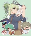  3boys albert_(puyopuyo) black_sweater blue_eyes blue_shirt book bowl bras_d'honneur brown_hair brown_overalls chibi closed_eyes closed_mouth commentary_request cooking creature familiar floating ghost green_eyes green_hair hair_over_one_eye half_updo hand_on_own_arm hand_up hanging_plant headscarf highres holding holding_book holding_bowl holding_whisk lemres_(puyopuyo) licking_lips looking_at_viewer male_focus medium_hair mixing_bowl multiple_boys notice_lines object_on_head one-eyed one_eye_covered open_book open_mouth orange_sweater outline overalls parted_lips plaid_headscarf plant puyopuyo puyopuyo_quest red_eyes red_headscarf rozatte_(puyopuyo) rozatte_(thoughtful_kitchen)_(puyopuyo) shirt short_hair smile sweater teamwork tongue tongue_out tray urolo v-shaped_eyes whisk white_outline yellow_eyes 