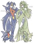  2girls bandana bare_shoulders blue_hair boots breasts colored_sclera commentary_request dress fake_tail garchomp green_bandana green_eyes green_hair hair_ornament highres jewelry long_hair multicolored_hair multiple_girls natsun_(4869ntmmmmm) necklace personification pokemon pokemon_(creature) pokemon_focus skin_tight spikes standing tail tyranitar white_background yellow_eyes 