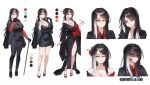  1girl aqua_pupils black_dress black_gloves black_hair black_jacket black_kimono black_necktie black_pants black_sandals black_sclera black_shoes black_vest blood blood_on_face breasts cane character_request cleavage closed_mouth collarbone collared_shirt color_guide colored_sclera commentary commission copyright_request dress elbow_gloves english_commentary evil_grin evil_smile eyelashes flower full_body gloves grin hair_flower hair_ornament hand_on_own_face helandyck highres holding holding_cane jacket jacket_on_shoulders japanese_clothes jewelry kimono large_breasts long_hair multicolored_hair multiple_views necklace necktie pants red_eyes red_shirt reference_sheet sandals scar scar_on_face shiny_skin shirt shoes simple_background smile streaked_hair toes two-tone_hair vest white_background white_hair white_streaks 