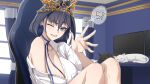  1girl absurdres blue_eyes blue_hair bow bow_earrings breasts cat chair cleavage collared_shirt crown earrings english_text fanged_bangs gaming_chair gold_crown hair_between_eyes hair_intakes happy_anniversary highres hololive hololive_english indoors jewelry knees_up large_breasts looking_at_viewer monitor official_alternate_costume on_chair one_eye_closed open_mouth ouro_kronii shirt single_bare_shoulder single_off_shoulder sitting solo speech_bubble swivel_chair virtual_youtuber waving white_shirt zenya 